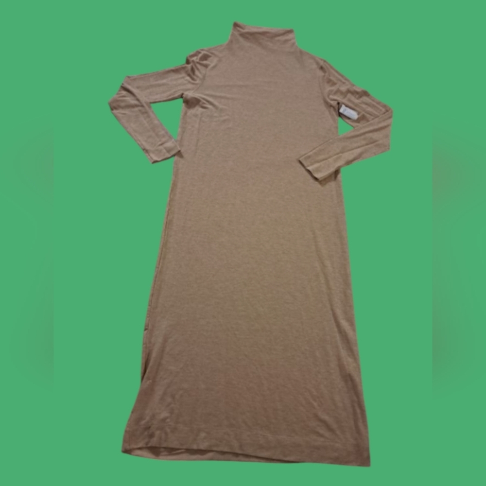 Mod Ref Long Sleeve Turtleneck Maxi Stretch Dress in Camel Tan Women Size Medium
